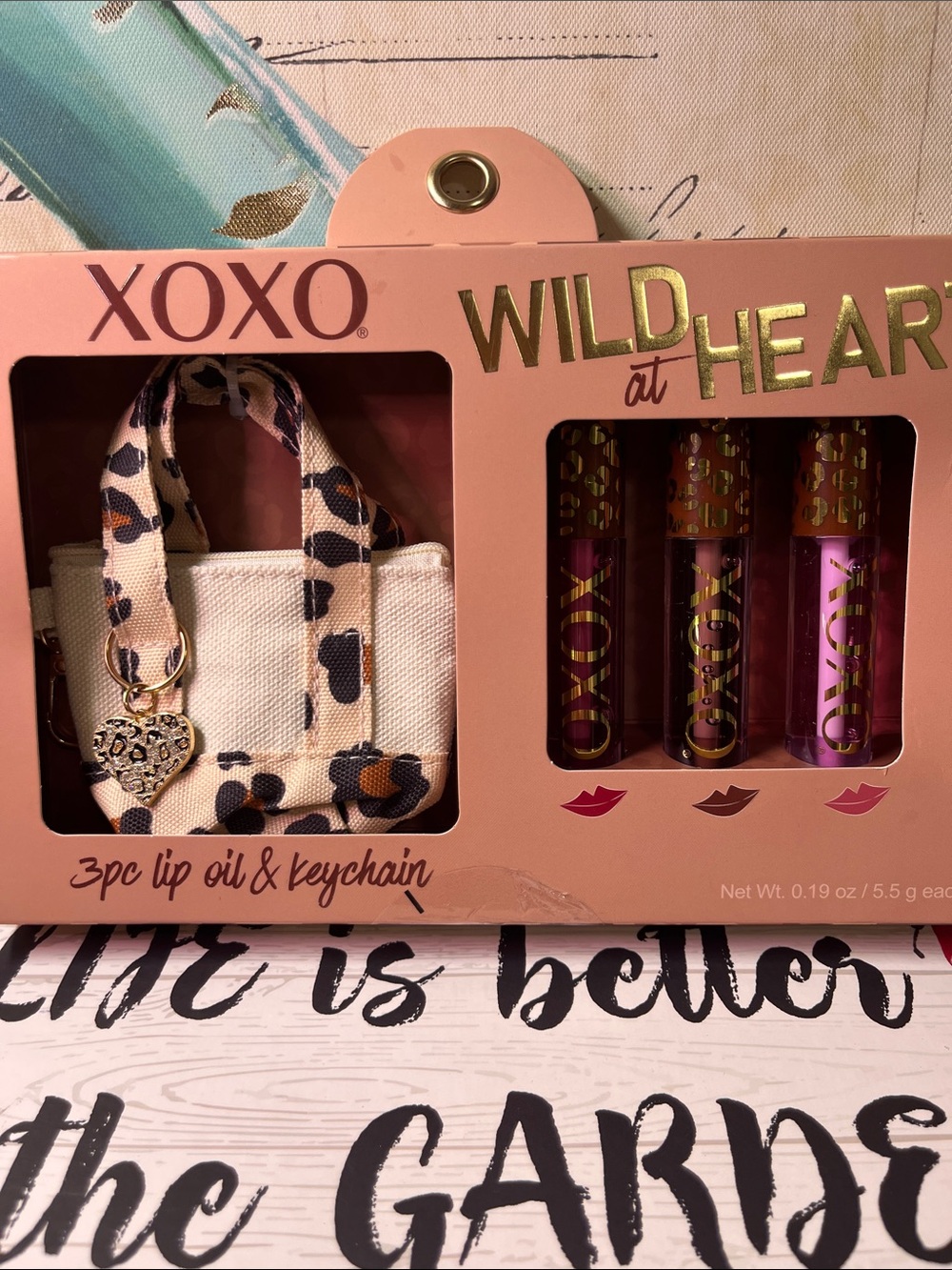 XOXO Pink Lip Oil Trio with Pink & Black Leopard Keychain